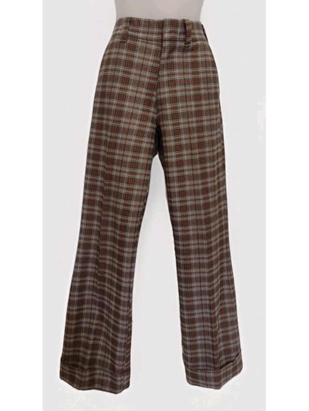 Vintage 70s Plaid Double Knit Pants Women High Waist Wide Leg Retro Medium